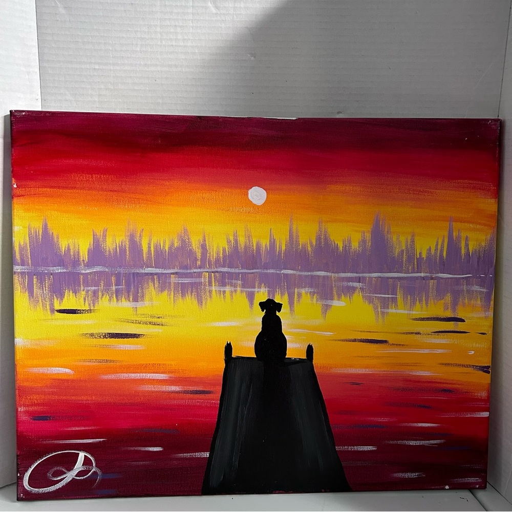 Original acrylic painting on canvas 16” x 20” - Dog Silhouette In Sunset dock